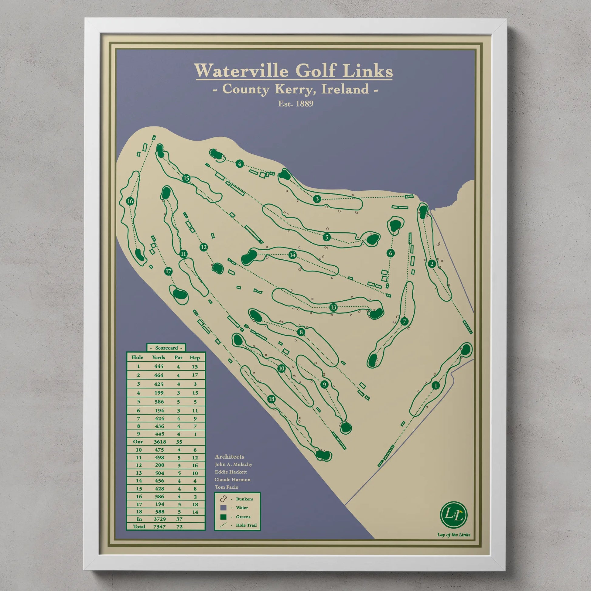 Framed map of Waterville Golf Links, County Kerry, Ireland on a gray background