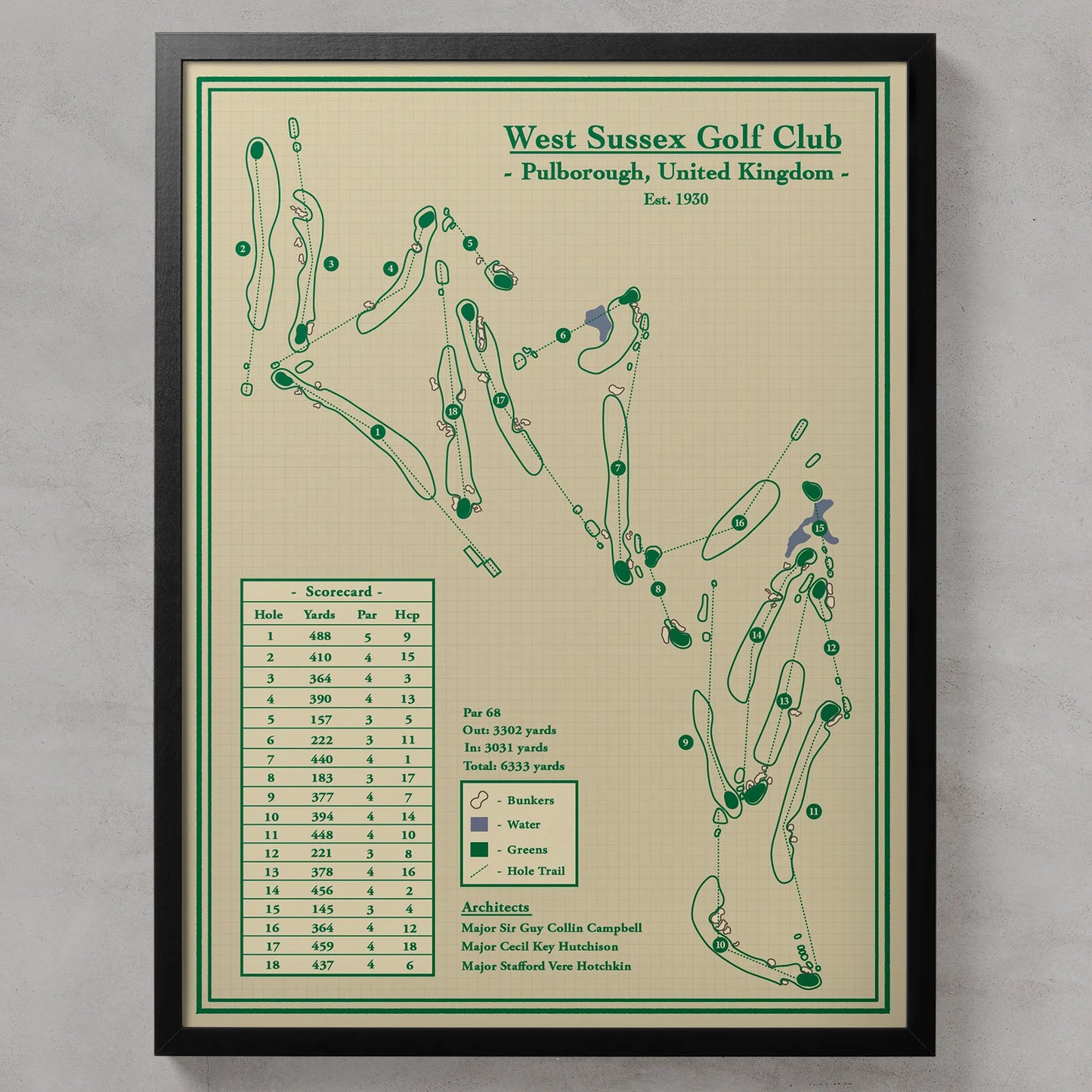 A framed vintage-style golf club layout print for West Sussex Golf Club, featuring a green illustrated course map, hole measurements, and a legend on a cream background, shown against a light gray wall.