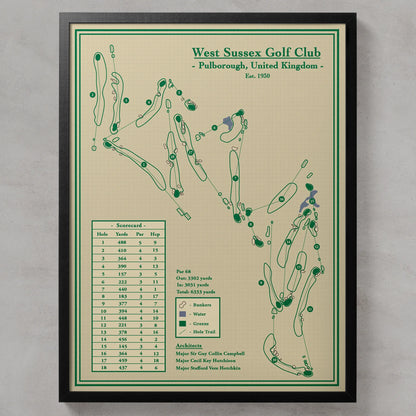 A framed vintage-style golf club layout print for West Sussex Golf Club, featuring a green illustrated course map, hole measurements, and a legend on a cream background, shown against a light gray wall.