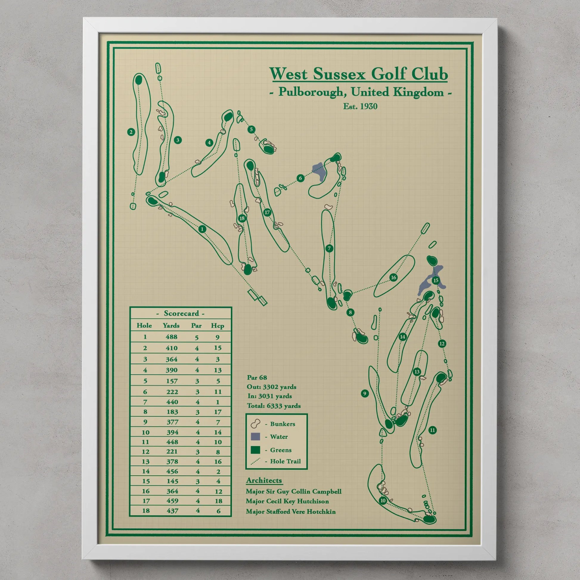 course map print of West Sussex Golf Club, located in Pulborough, United Kingdom