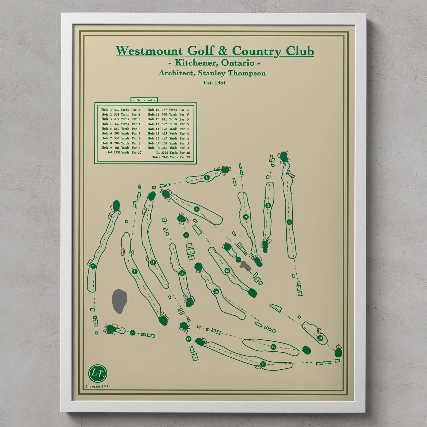 Framed map of Westmount Golf & Country Club on a beige background