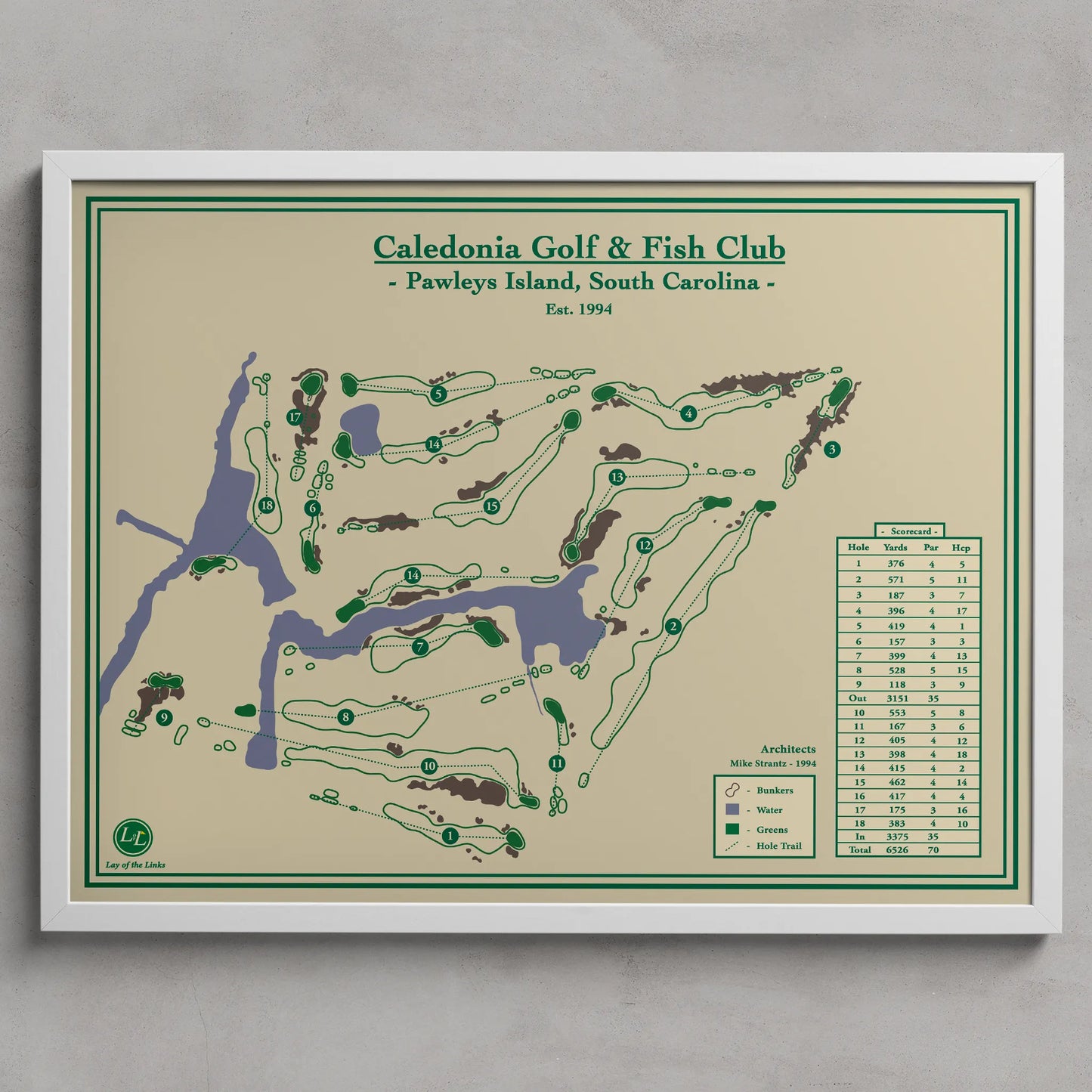 Caledonia Golf and Fish Club course map in a white frame