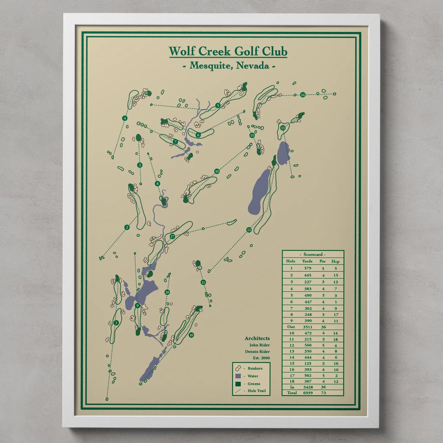 Framed map of Wolf Creek Golf Club in Mesquite, Nevada on a beige background