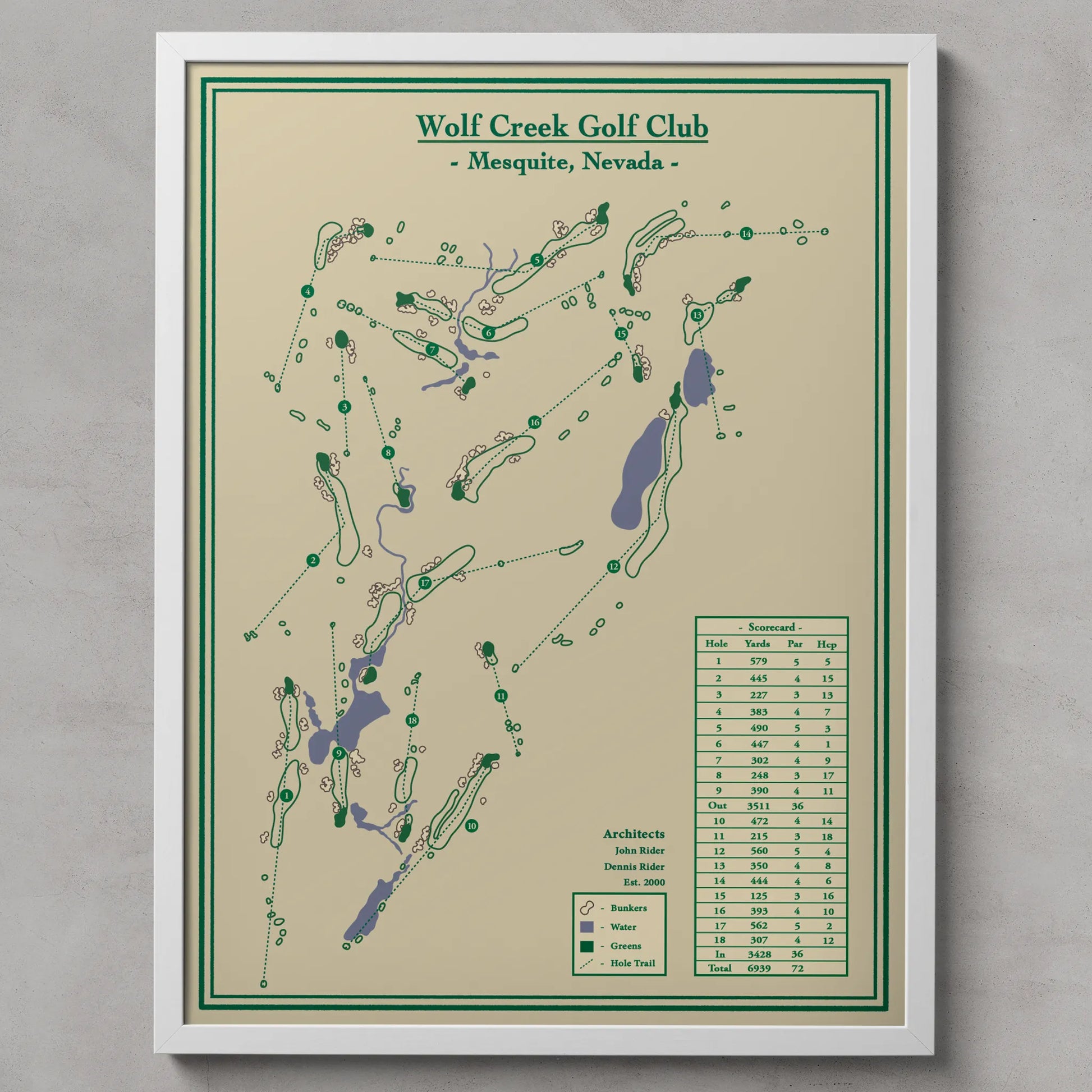 Framed map of Wolf Creek Golf Club in Mesquite, Nevada on a beige background