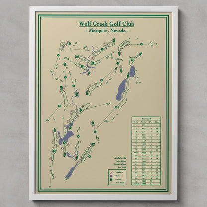 Framed map of Wolf Creek Golf Club in Mesquite, Nevada on a beige background