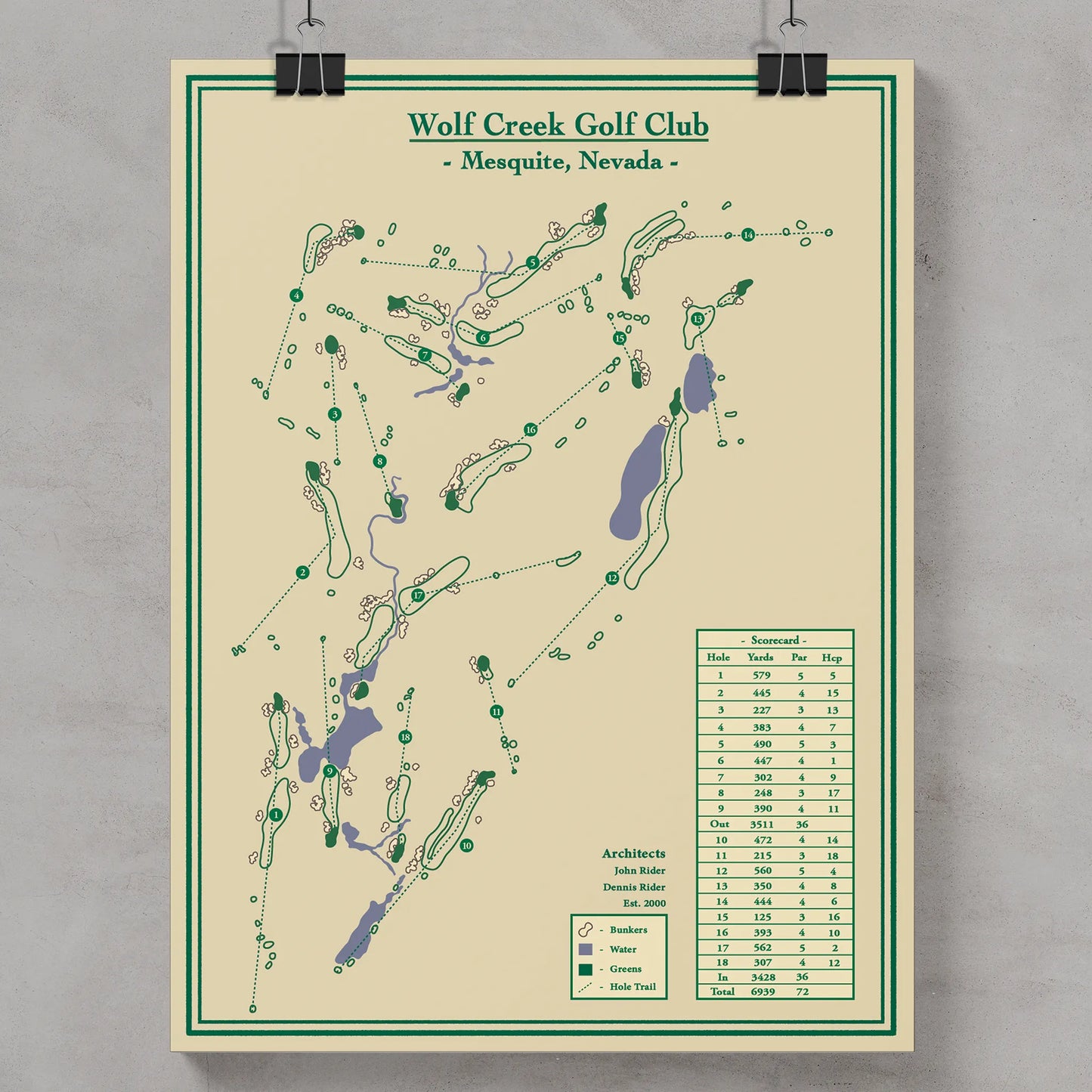Golf course blueprint map of Wolf Creek Golf Club in Mesquite, Nevada