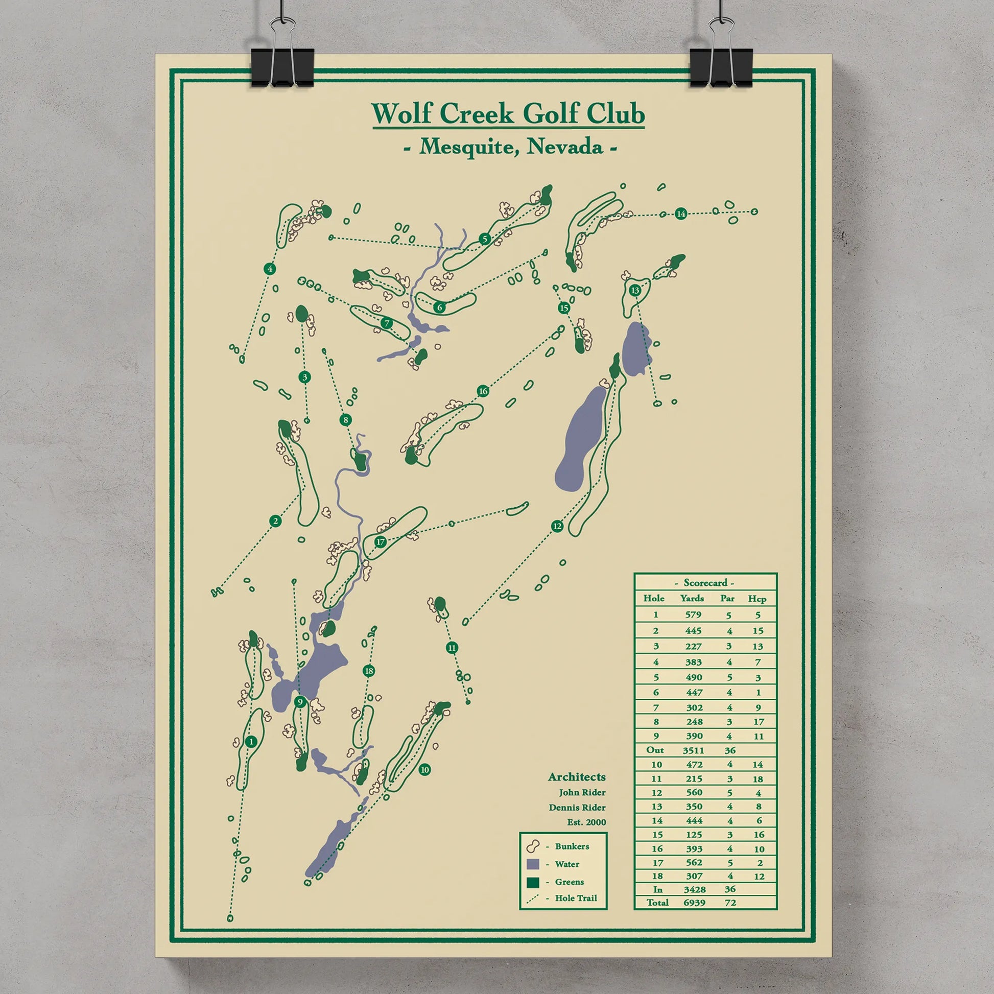 Golf course blueprint map of Wolf Creek Golf Club in Mesquite, Nevada