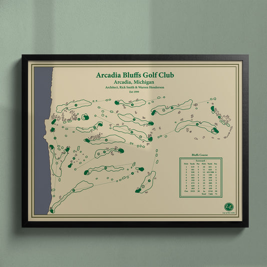 Framed Arcadia Bluffs map in a black wood frame showing the dramatic dunes and sod-walled bunkers.