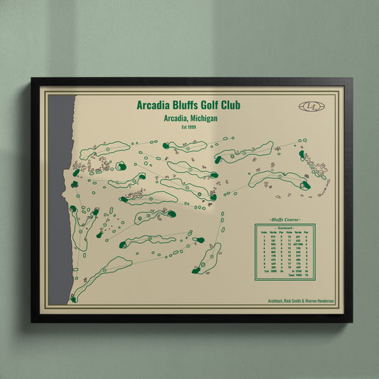 Arcadia Bluffs Golf Club Course Map Print - Blueprint Series - Black Frame