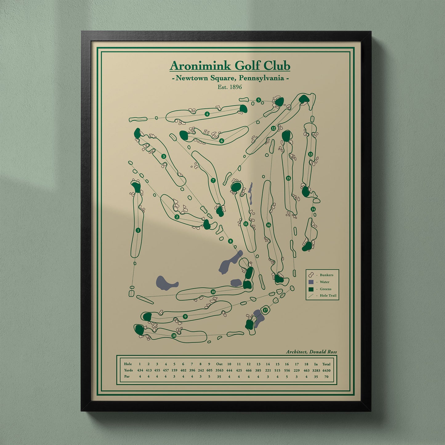Framed Aronimink Golf Club map in a black wood frame showing the Donald Ross design and heavy bunkering.