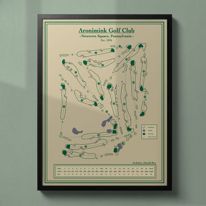 Framed Aronimink Golf Club map in a black wood frame showing the Donald Ross design and heavy bunkering.