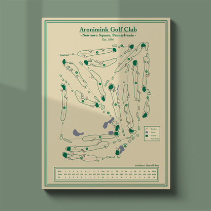 Aronimink course map poster print showing the routing and famous uphill finishing hole.