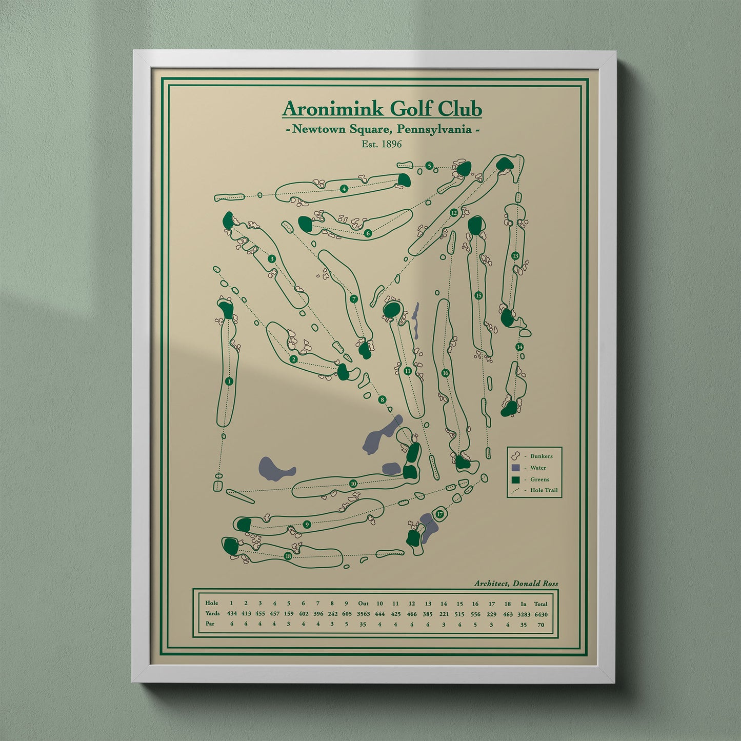 Aronimink map print in a white frame, featuring the historic championship venue in Newtown Square, PA.