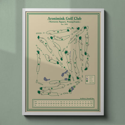 Aronimink map print in a white frame, featuring the historic championship venue in Newtown Square, PA.
