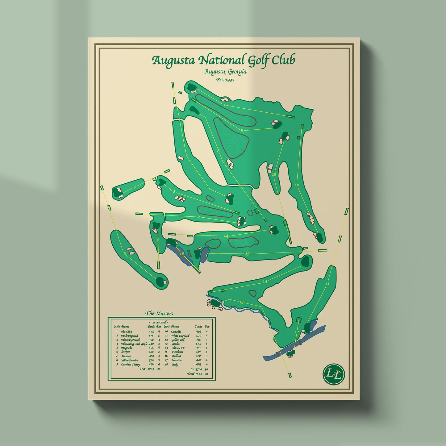 Unframed Augusta National course map poster print showing the full 18 hole routing and topography.