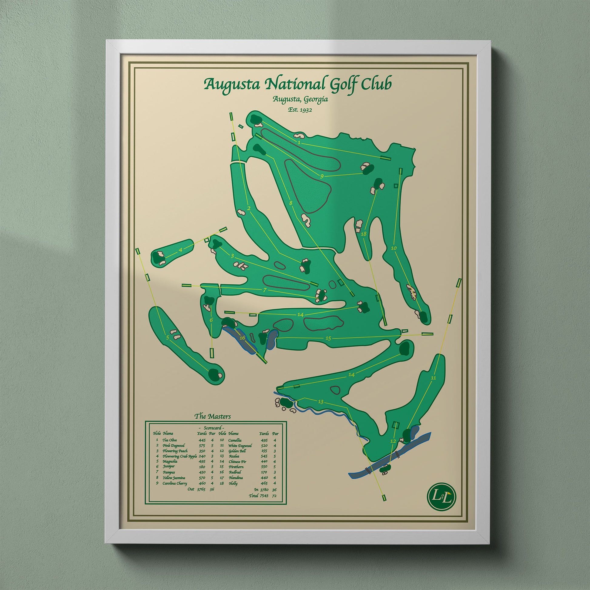 Augusta National Golf Club map print in a white frame, featuring the legendary home of the season's first Major in Georgia.