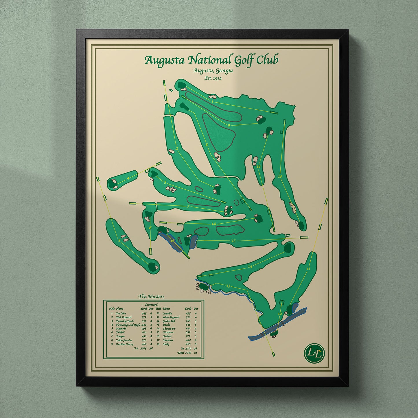 Framed Augusta National Golf Club map in a black wood frame showing the Alister MacKenzie design and famous Amen Corner.