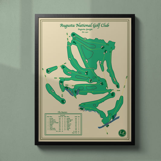 Framed map of Augusta National Golf Club on a beige background