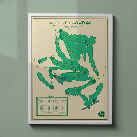 Framed map of Augusta National Golf Club on a beige background
