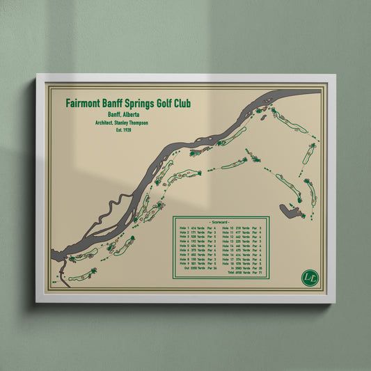 White Framed map of Fairmont Jasper Park Lodge Golf Club - Blueprint Series