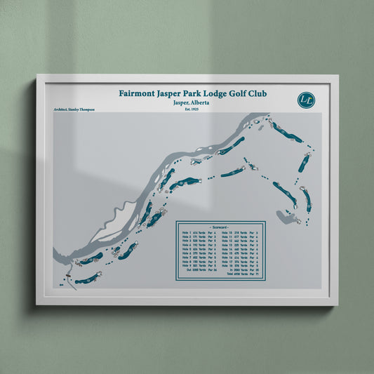 White Framed map of Fairmont Jasper Park Lodge Golf Club - Legacy Series