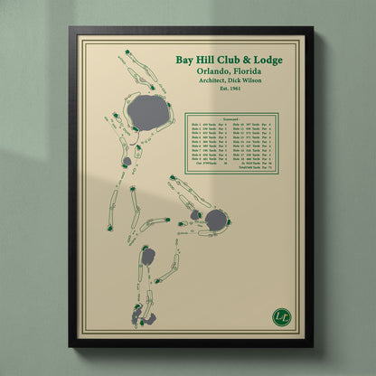 Framed Bay Hill Club & Lodge map in a black wood frame showing the legendary Arnold Palmer design.