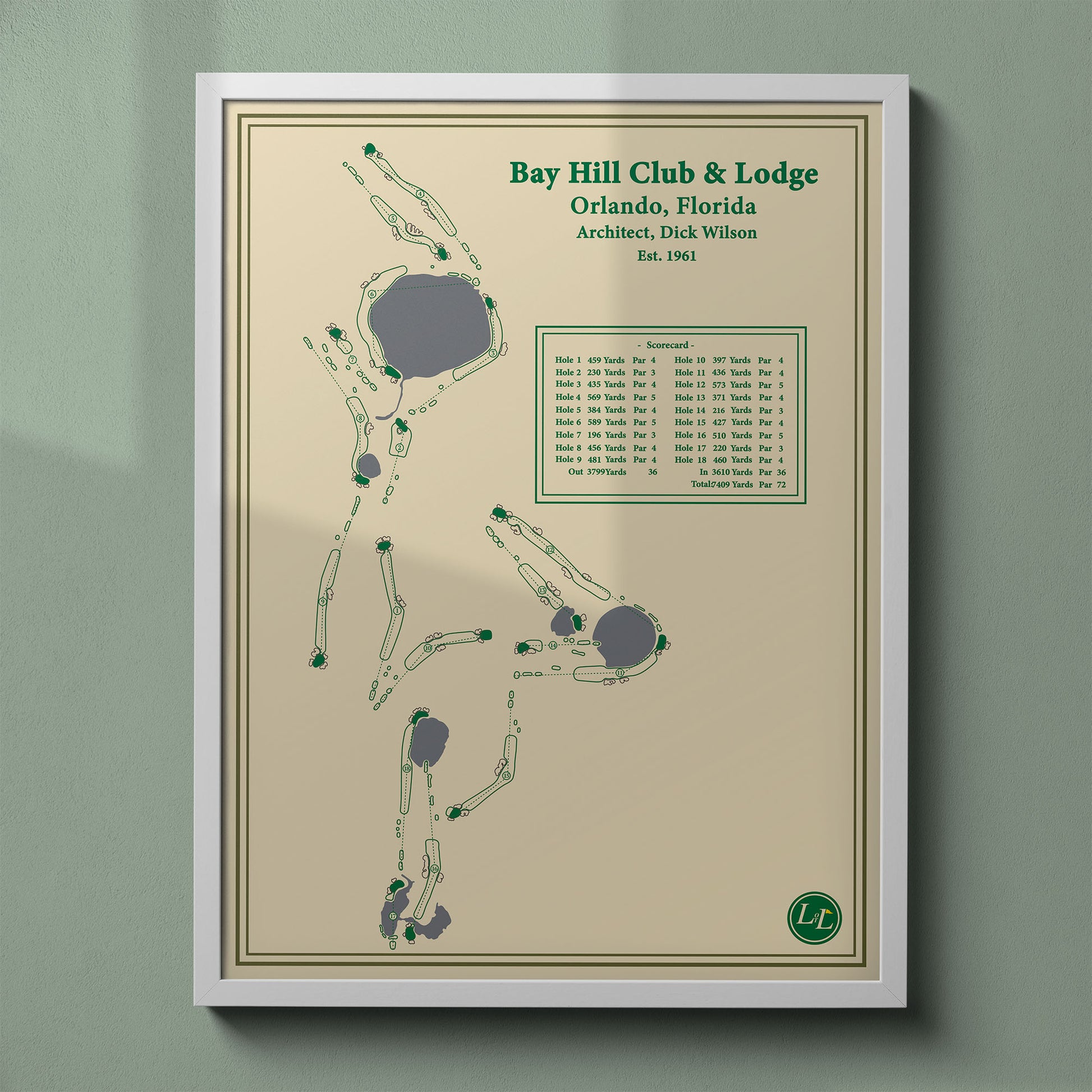 Bay Hill golf course map print in a white frame, featuring the home of the Arnold Palmer Invitational in Orlando.