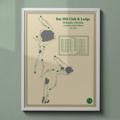 Bay Hill golf course map print in a white frame, featuring the home of the Arnold Palmer Invitational in Orlando.