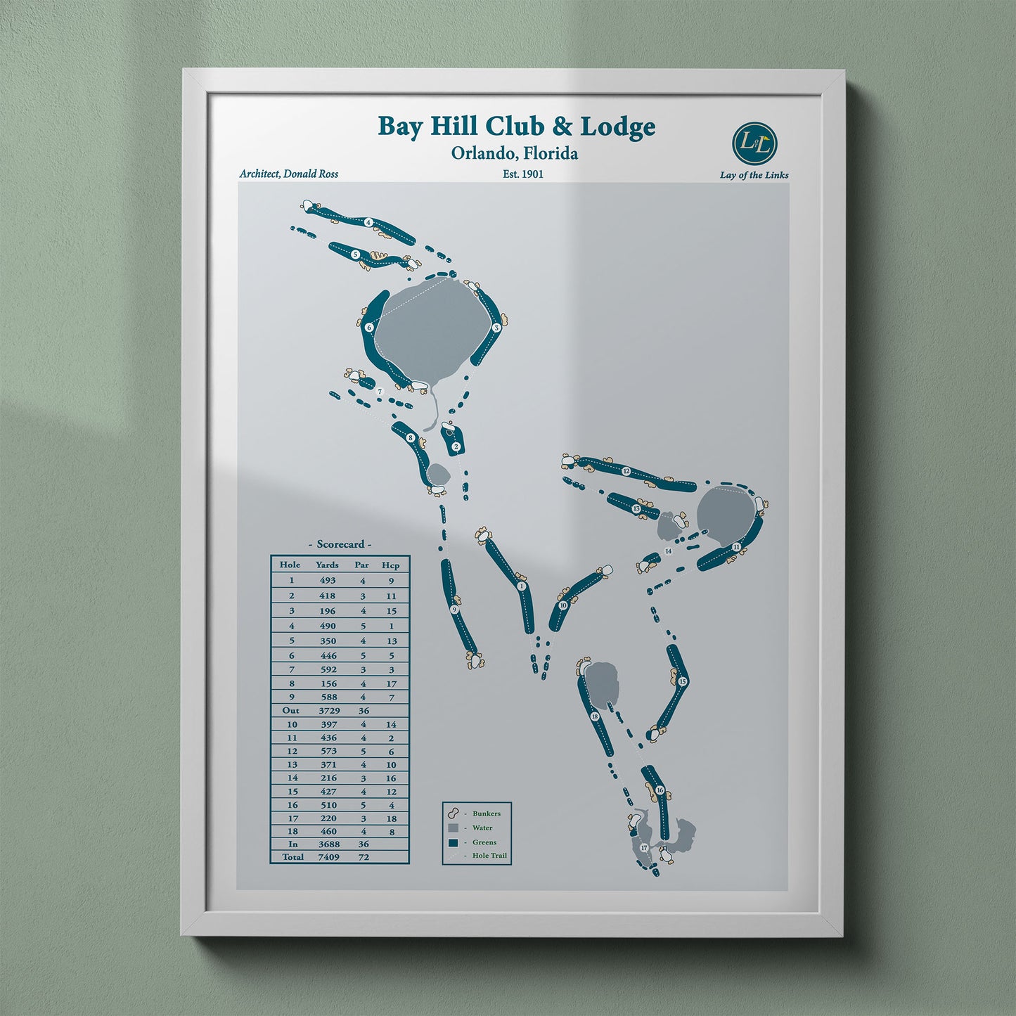 Bay Hill map print in a white frame, featuring the home of the Arnold Palmer Invitational in Orlando, Florida.