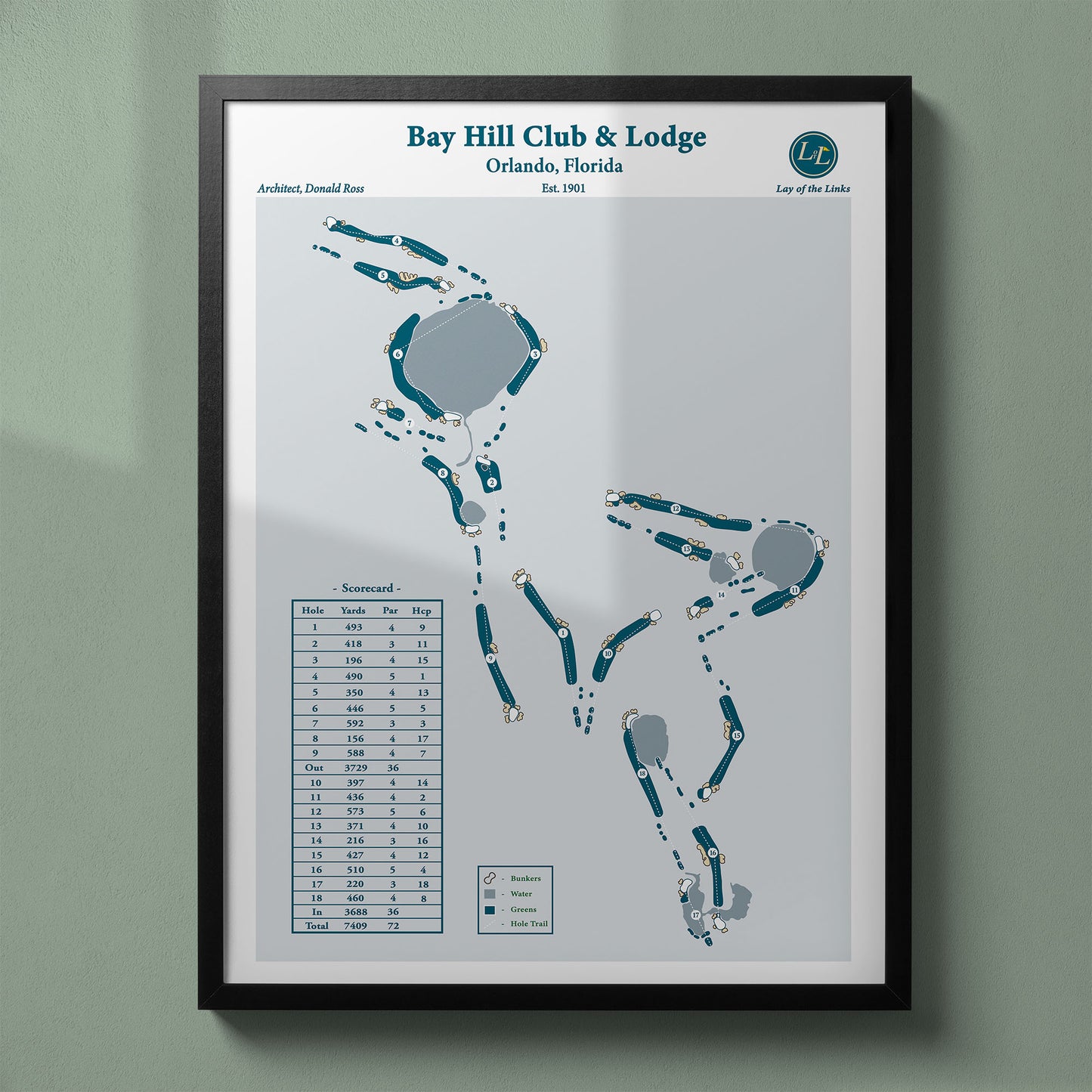 Framed Bay Hill Club & Lodge map in a black wood frame showing the Arnold Palmer design and water hazards.