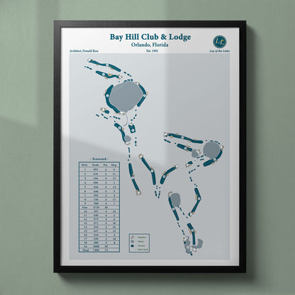Framed Bay Hill Club & Lodge map in a black wood frame showing the Arnold Palmer design and water hazards.