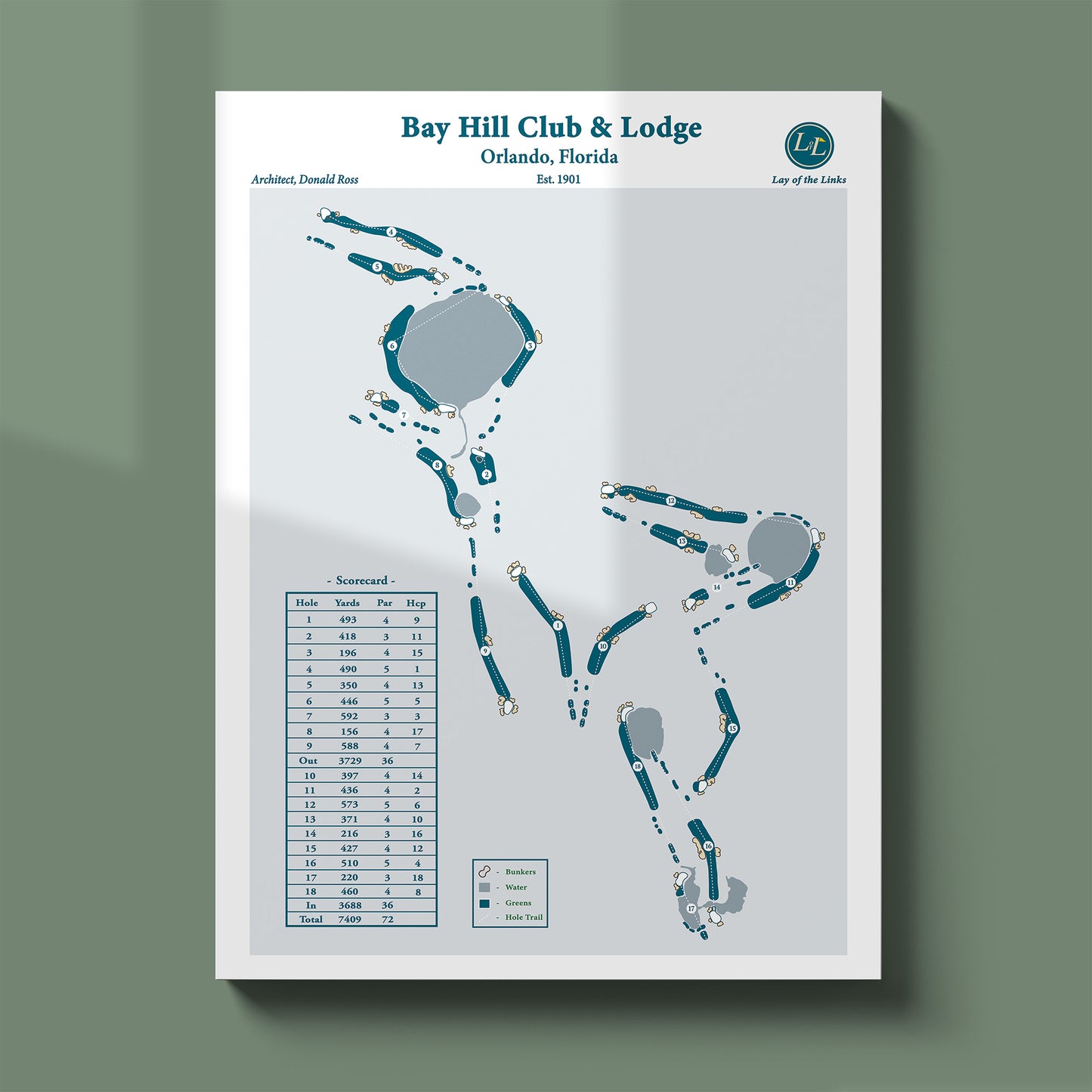 Bay Hill course map poster print showing the routing and the famous 18th hole "Devil's Bathtub.