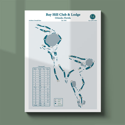 Bay Hill course map poster print showing the routing and the famous 18th hole "Devil's Bathtub.