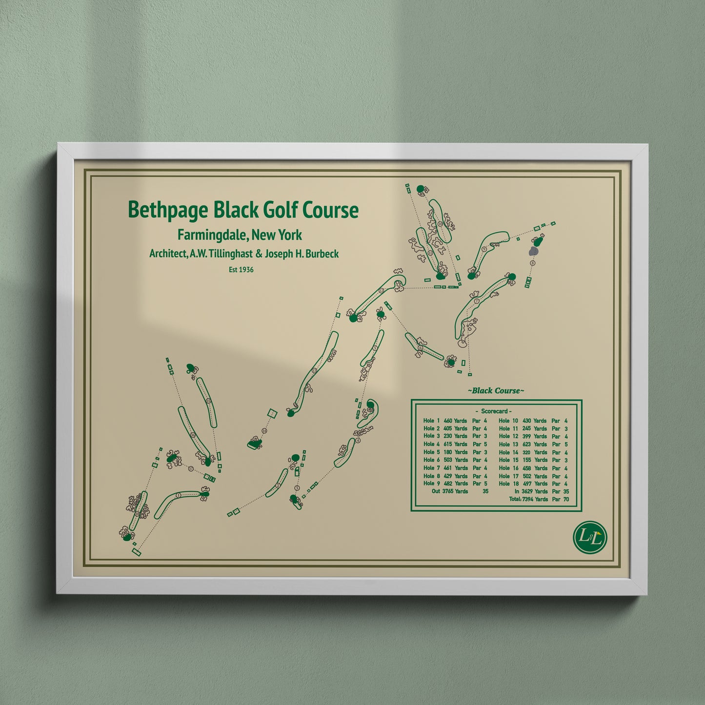 Bethpage Black Golf Course Map Print - Blueprint Series - White Frame