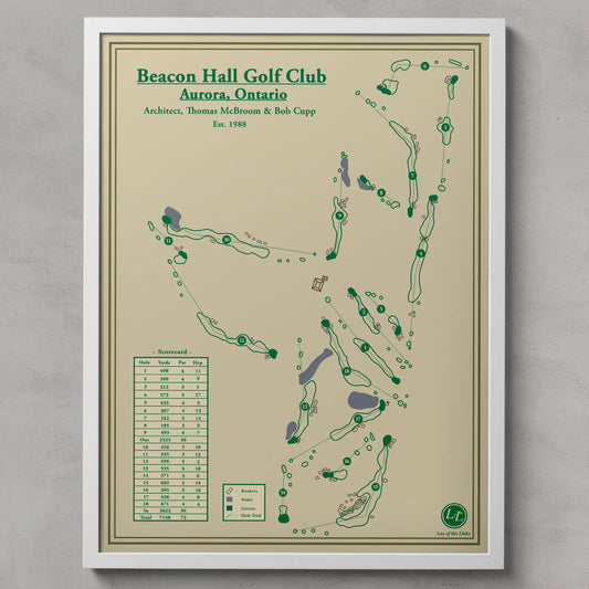 Framed map of Beacon Hall Golf Club in Aurora, Ontario on a beige background