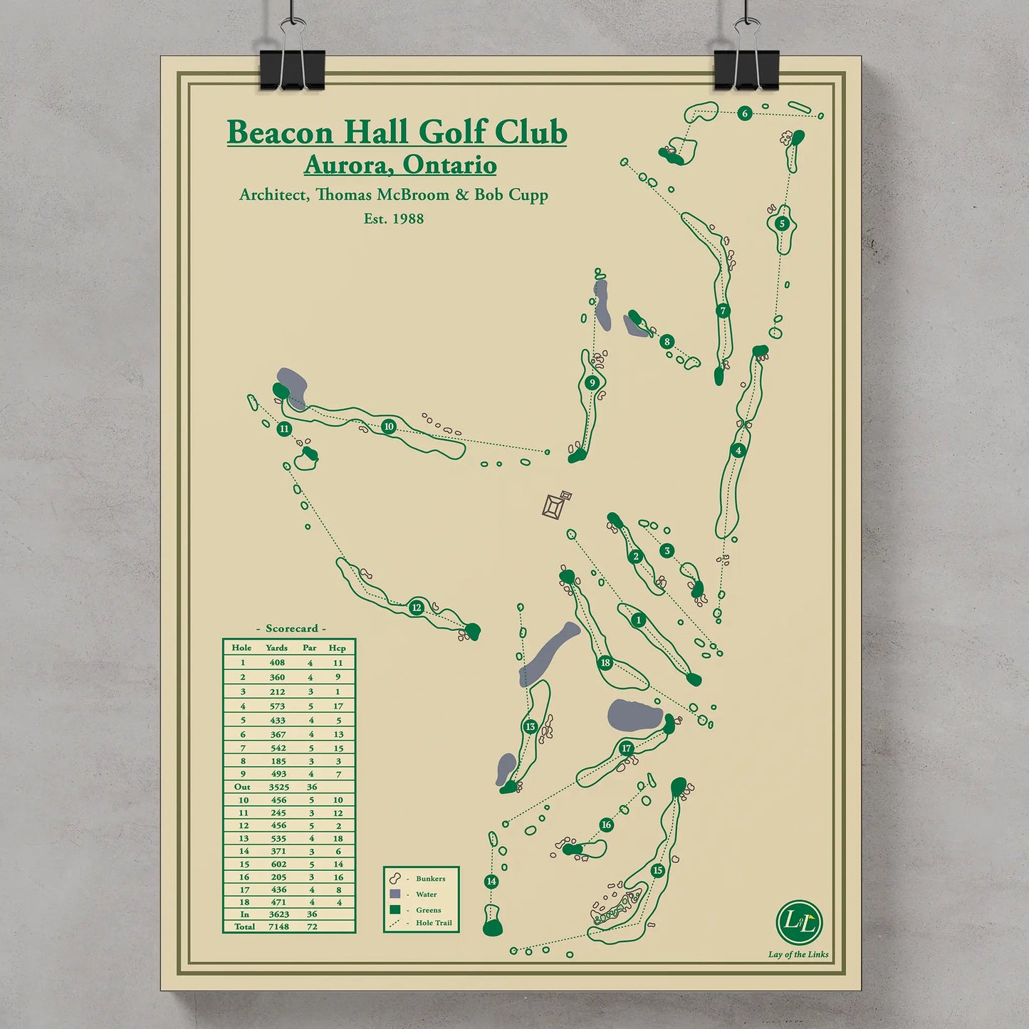 Golf course map of Beacon Hall Golf Club in Aurora, Ontario, framed on a gray wall.