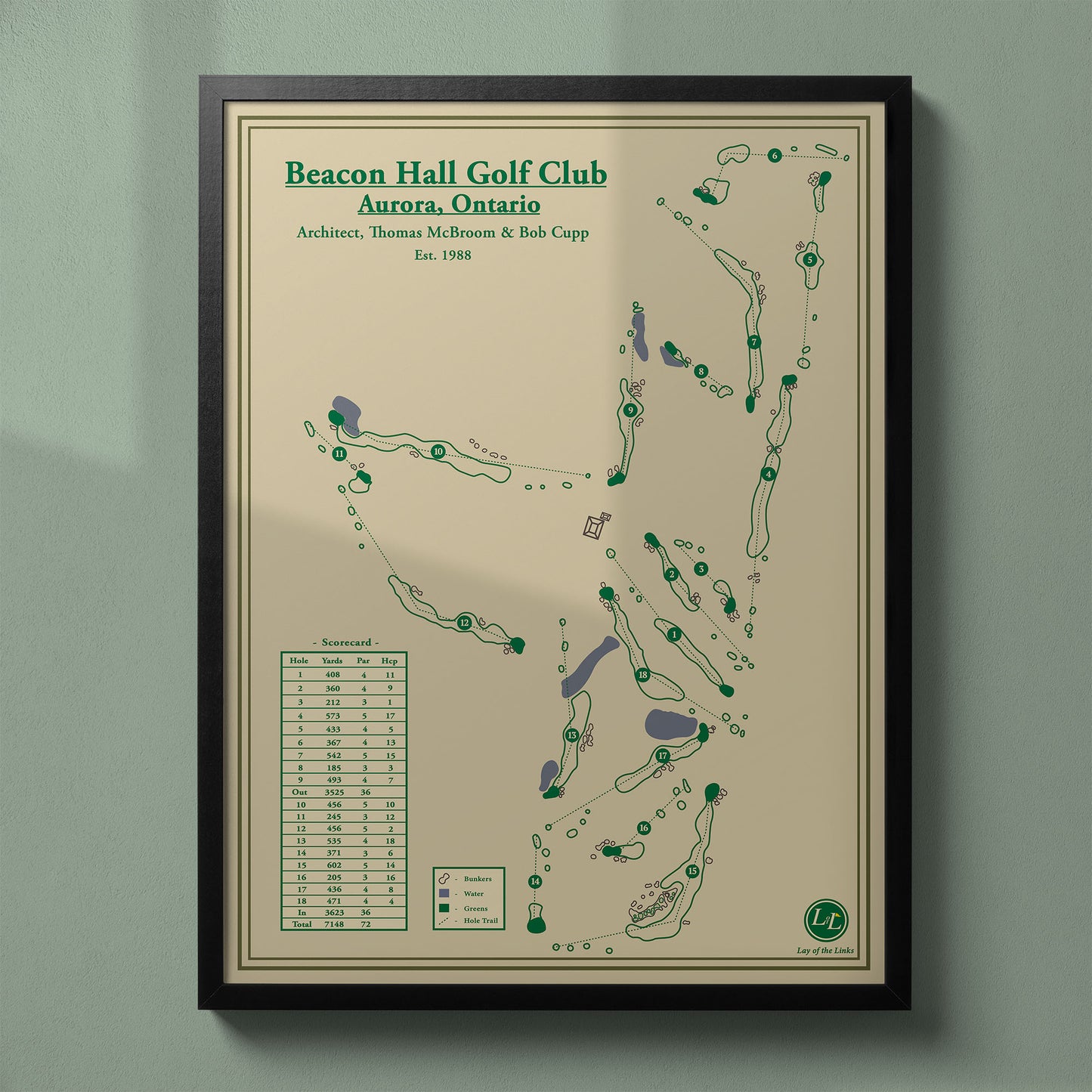 Framed Beacon Hall Golf Club map print in a black wood frame showing the exclusive private club layout in Aurora.