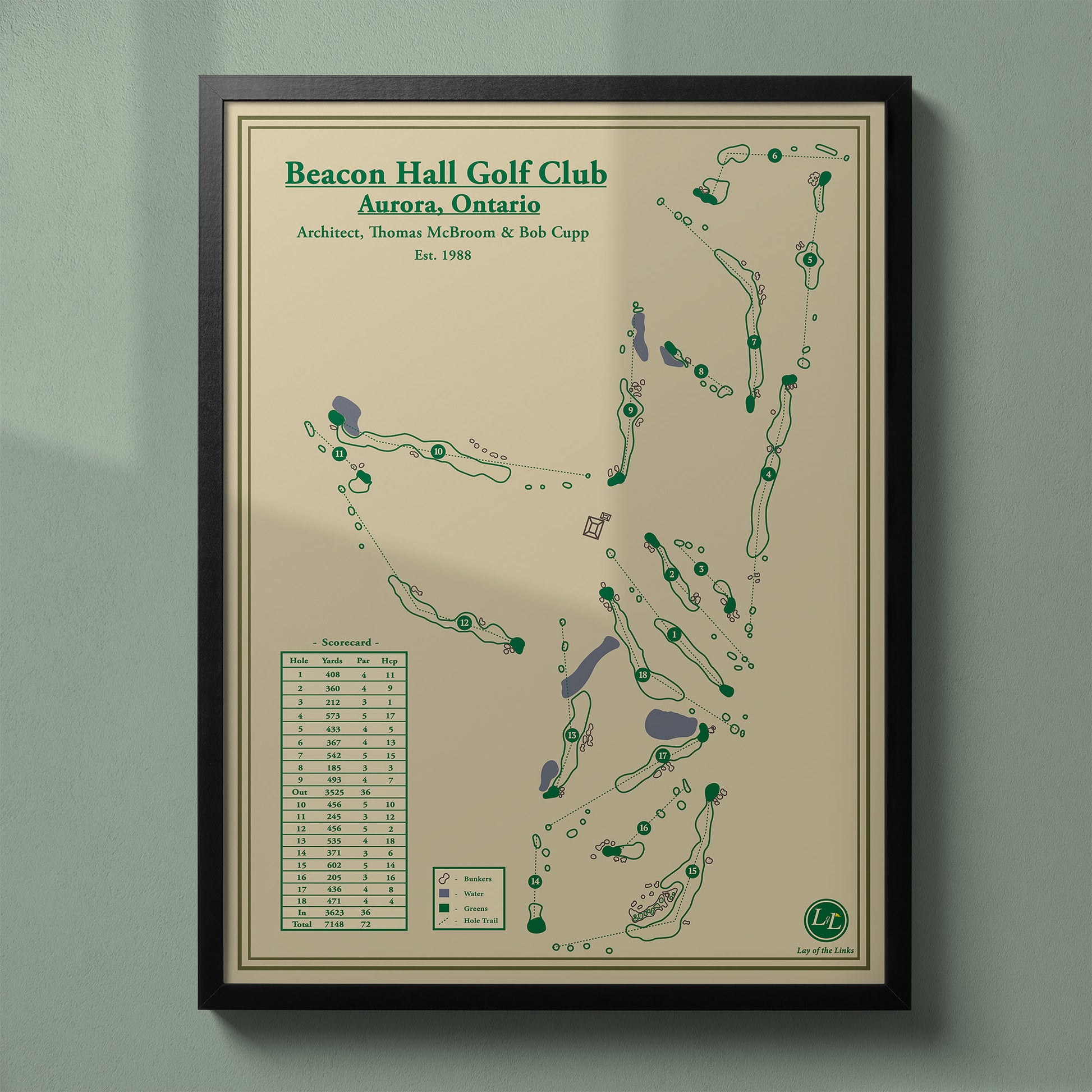 Framed Beacon Hall Golf Club map print in a black wood frame showing the exclusive private club layout in Aurora.