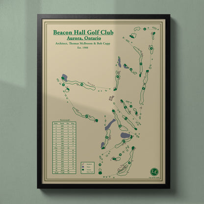 Framed Beacon Hall Golf Club map print in a black wood frame showing the exclusive private club layout in Aurora.