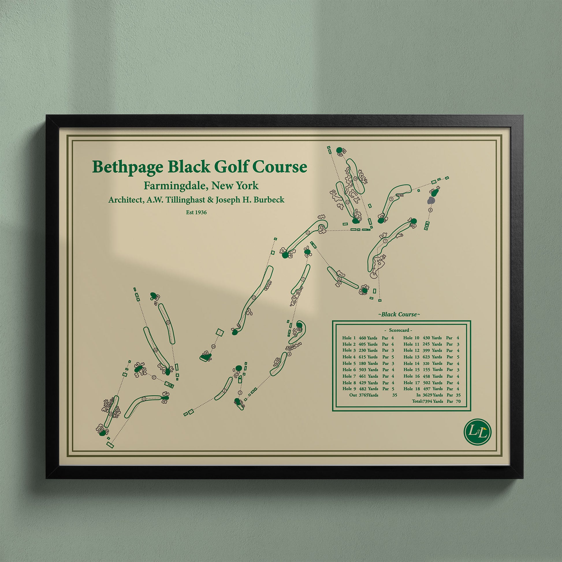 Framed Bethpage Black map in a black wood frame showing the A.W. Tillinghast design and famous "Warning" sign.