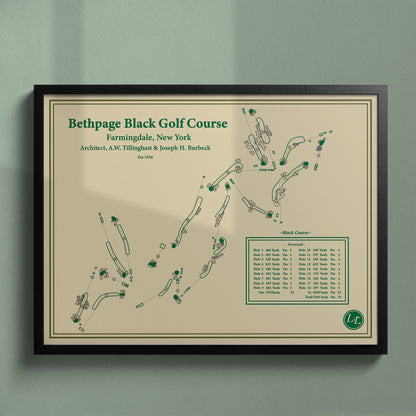 Framed Bethpage Black map in a black wood frame showing the A.W. Tillinghast design and famous "Warning" sign.