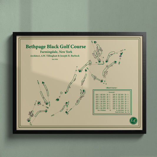 Framed Bethpage Black map in a black wood frame showing the A.W. Tillinghast design and famous "Warning" sign.