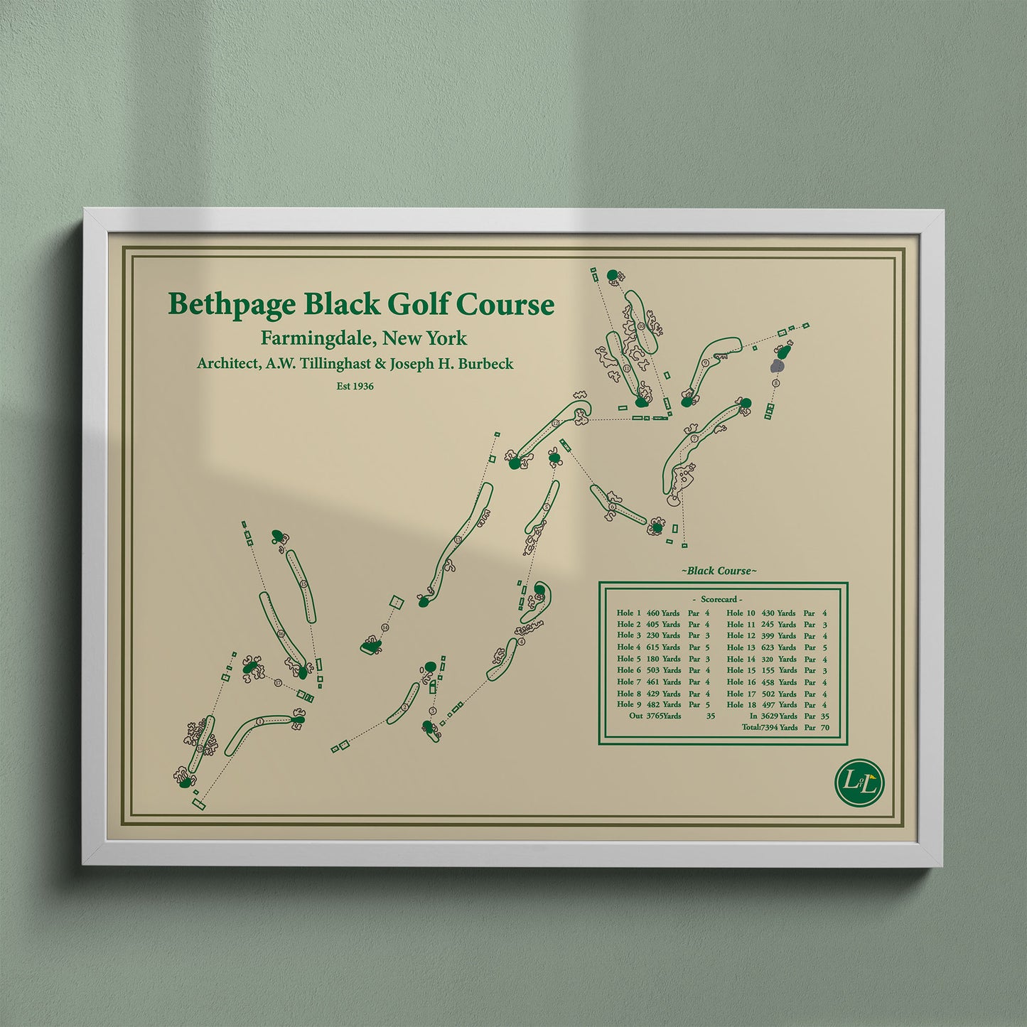 Bethpage Black golf course map print in a white frame, featuring the legendary "People's Country Club" layout in New York.