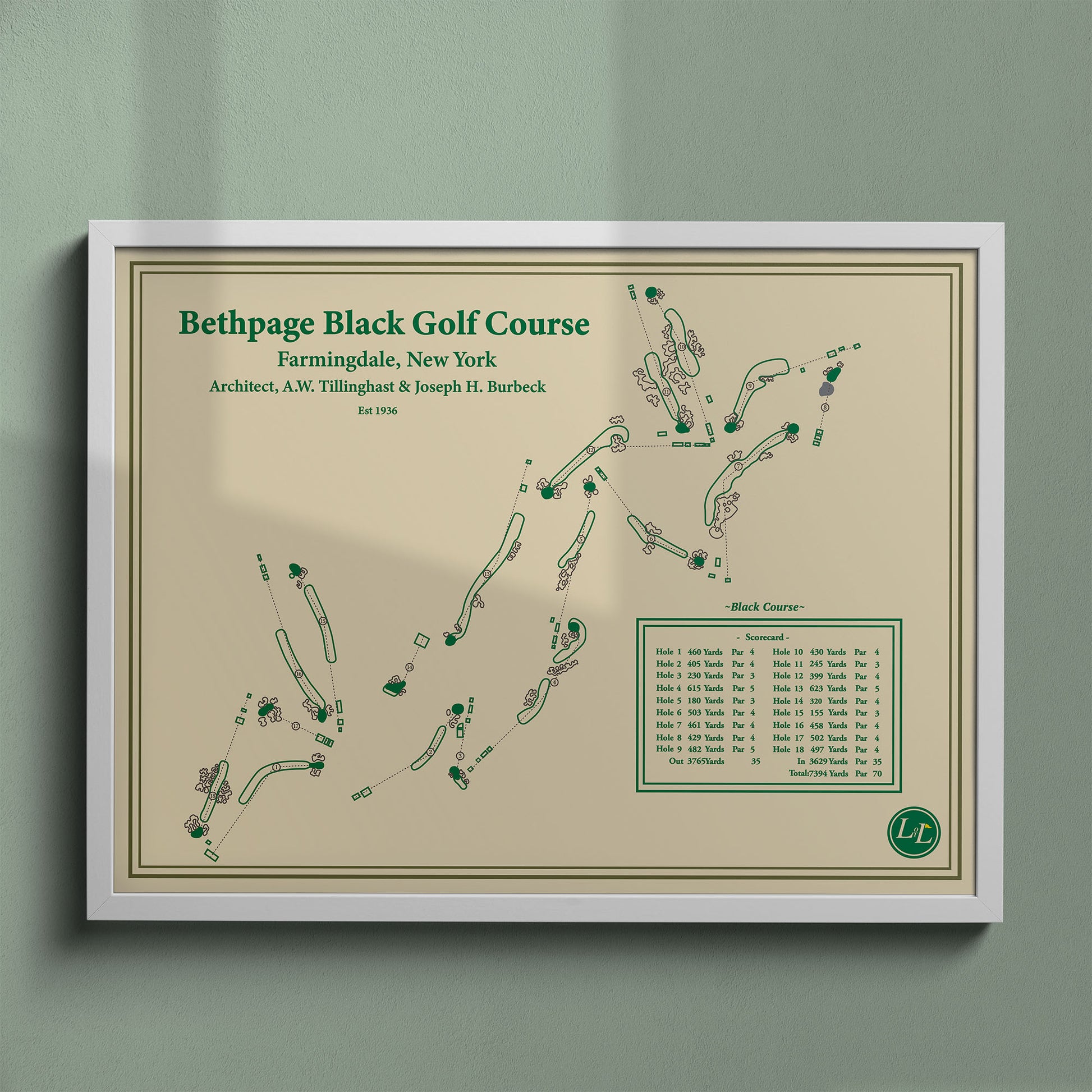 Bethpage Black golf course map print in a white frame, featuring the legendary "People's Country Club" layout in New York.