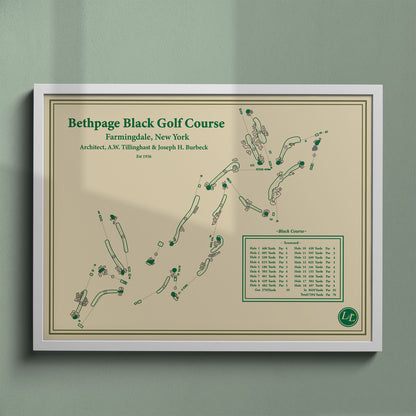 Bethpage Black golf course map print in a white frame, featuring the legendary "People's Country Club" layout in New York.