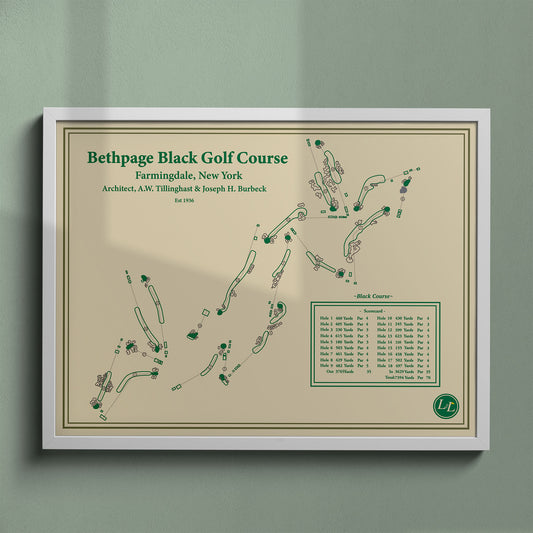 Bethpage Black golf course map print in a white frame, featuring the legendary "People's Country Club" layout in New York.