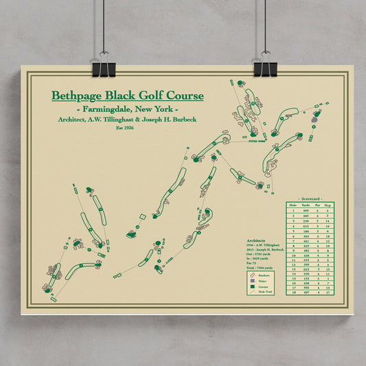 Course map of Bethpage Black Golf Course in Farmingdale, New York, framed and hanging on a wall.