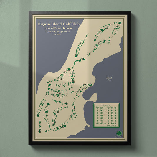 Framed Bigwin Island Golf Club map in a black wood frame showing the sweeping Doug Carrick design.