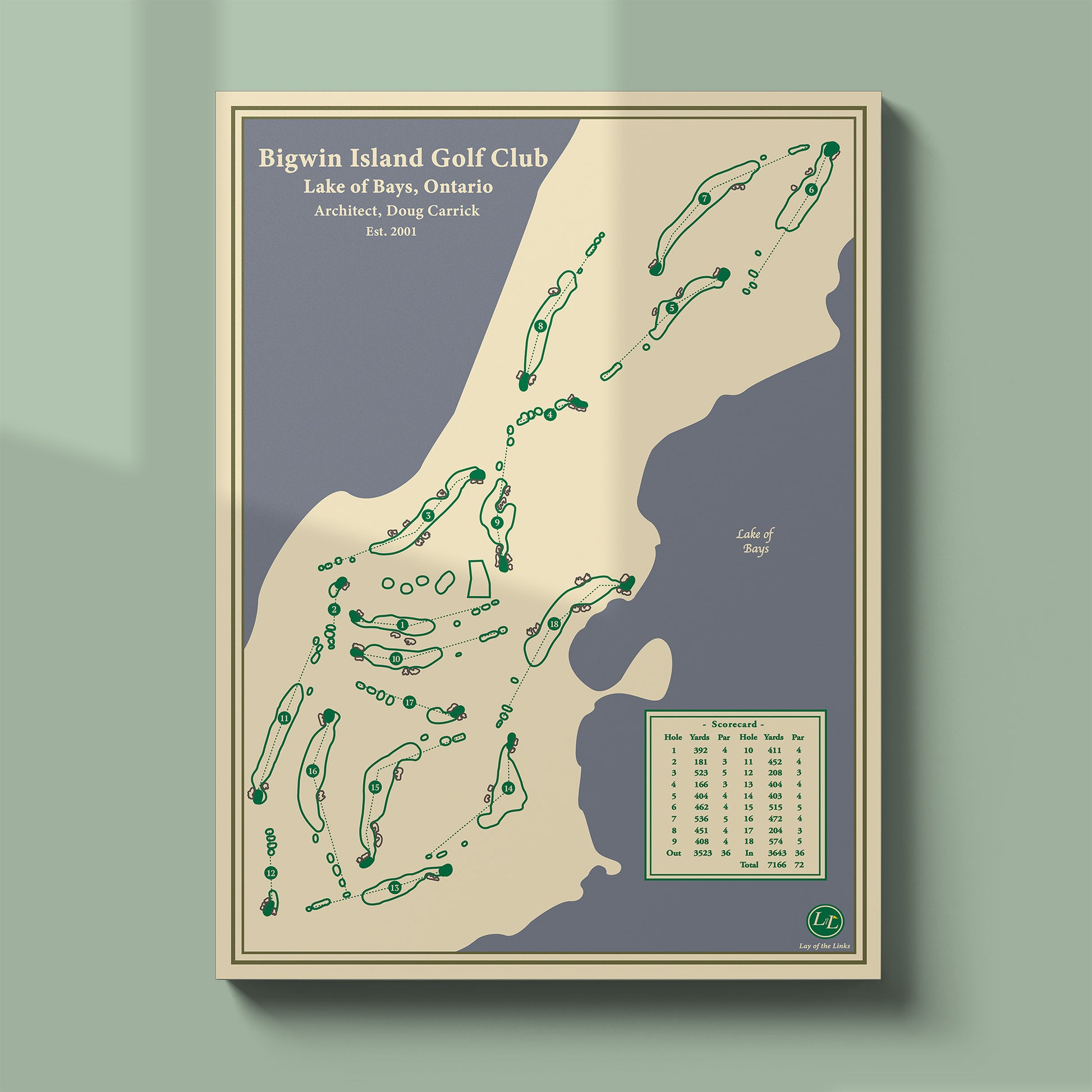 Unframed Bigwin Island course map poster print showing the unique island layout on Lake of Bays.