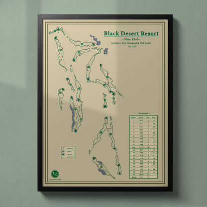 Framed Black Desert Resort Golf Course map in a black wood frame showing the Tom Weiskopf design amidst black lava.